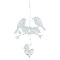 Floristik24 Metalen hanger vogelnest met hartjes wit 18cm 3st