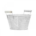 Floristik24 Sierschaal voor opplant, pot met houten handvatten, metalen decoratie wit, zilver Ø16.5cm H12.5cm B20cm