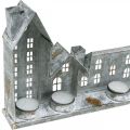 Verlichte huisjes, raamdecoratie, zilverkleurige vuurtorens, antiek ogende metalen lantaarn, L67,5cm H20cm | Floristik24.nl