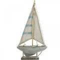 Deco zeilboot wit-blauw hout, linnen maritieme decoratie H34.5cm