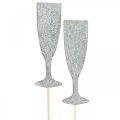 Floristik24 Oud en Nieuw decoratie champagne glas zilver bloem plug 9cm 18st