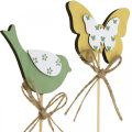 Floristik24 Plug vogel vlinder, hout decoratie, plant plug lente decoratie groen, geel L24/25cm 12st