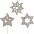 Floristik24 Bloemsteker sterren, advent, bloemdecoratie, houten sterren natuur, wit, goud glitter L27 / 28.5cm 18st