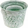 Floristik24 Metalen potten met handvatten, plantenbakken met reliëf wit, groen shabby chic H20.5/18.5/16cm Ø25.5/20.5/15.5cm set van 3