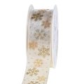 Floristik24 Kerstlint organza sneeuwvlokken wit goud 40mm 15m