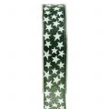 Floristik24 Kerstlint met ster groen, wit 25mm 20m