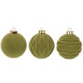 Kerstbal, fluweelachtig, groen, getextureerde mix, 8 cm, 12 stuks. Kerstbal, gevlokt mosgroen, plastic kerstballen, gevlokt mosgroen. Katoenen koordjes bij elke kerstbal. | Floristik24.nl