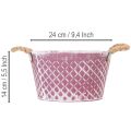Zinken kom, ruitvormig met touwgrepen, violet/wit gewassen, Ø24,5 cm H14 cm | Floristik24.nl